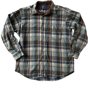 Vintage 60s Pendleton Shadow Plaid Board Shirt Large Loop Collar Pockets USA